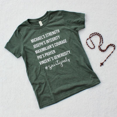 Saintgoals Youth Boy graphic tee - heather forest - Catholic Saint Virtues