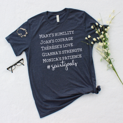 Saintgoals Womens graphic tee - heather navy - Catholic Saint Virtues