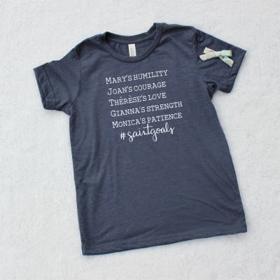 Saintgoals Youth Girl graphic tee - heather navy - Catholic Saint Virtues
