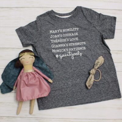 Saintgoals Toddler Girl graphic tee - Catholic Saint Virtues navy tshirt